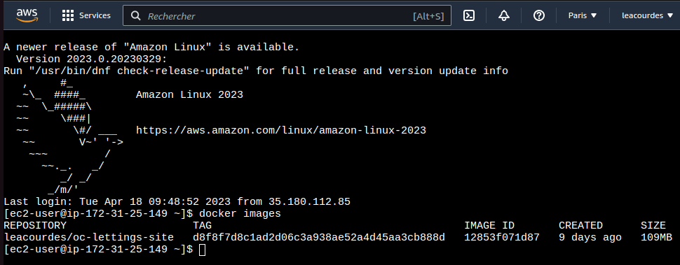 Console de l'instance EC2 d'AWS